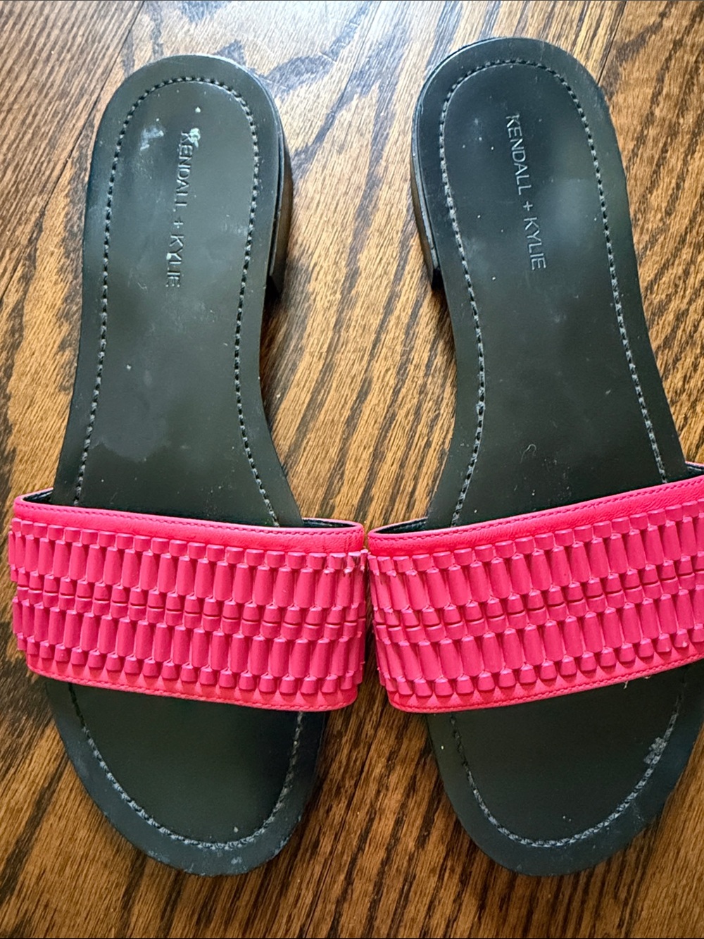 Kendall & Kylie Black Slide Sandals with Hot Pink Woven Strap